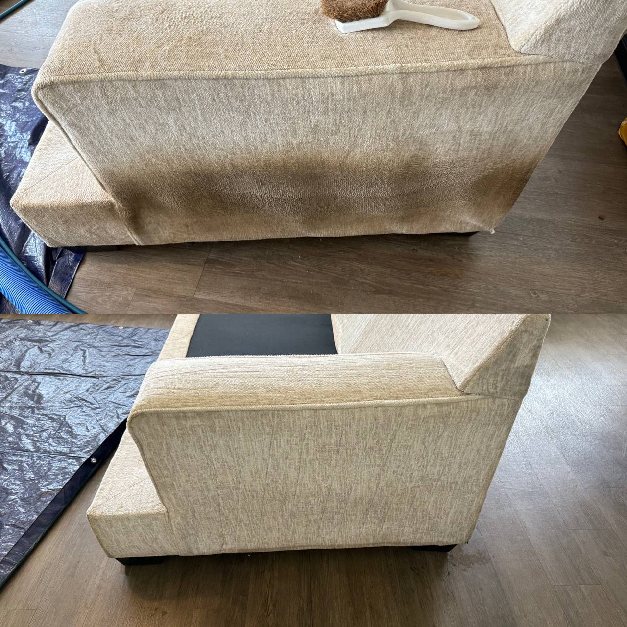 Before and after comparison of an upholstered chair cushion — dirty side with cleaning brush on top, clean side on bottom
