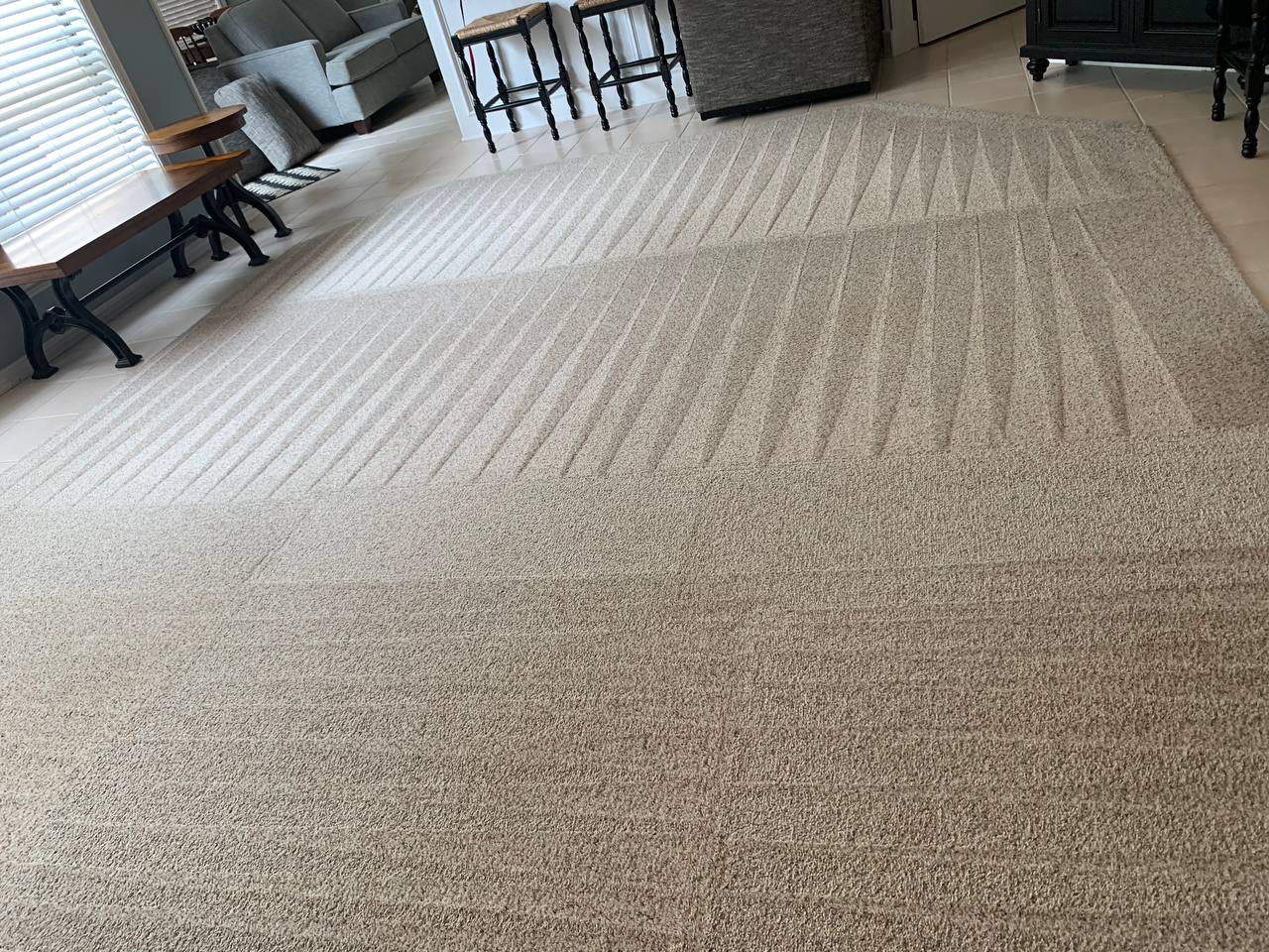Large room with freshly cleaned carpet showing deep wand pattern contrasted against not-yet-cleaned section