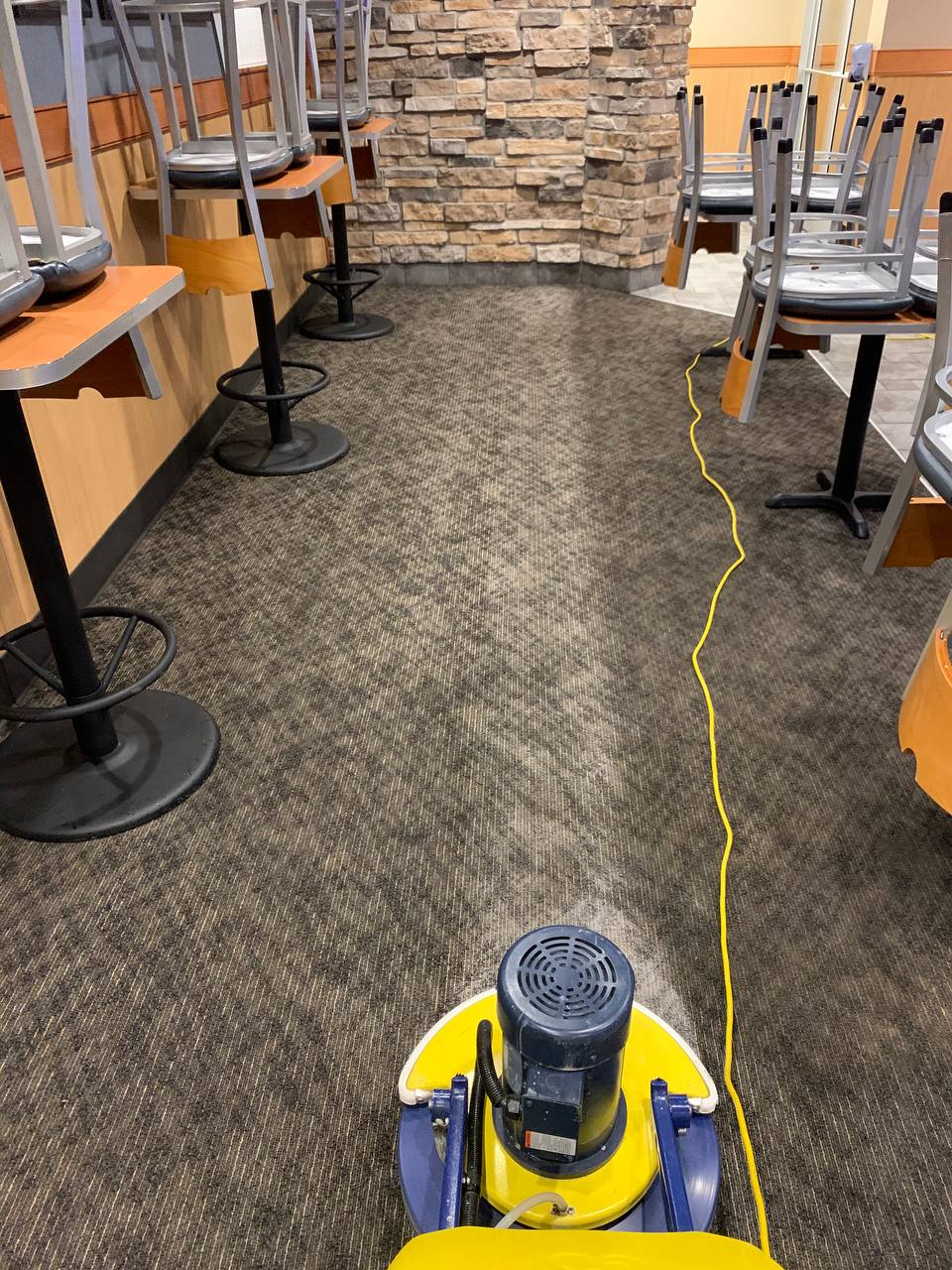 Restaurant carpet cleaning in progress with Scott's Carpet Care equipment